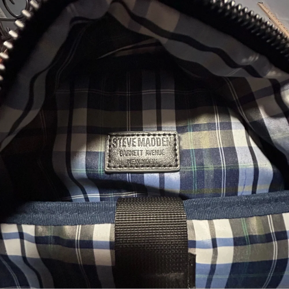 Steve Madden Black Leather Backpack Blue Plaid Lining